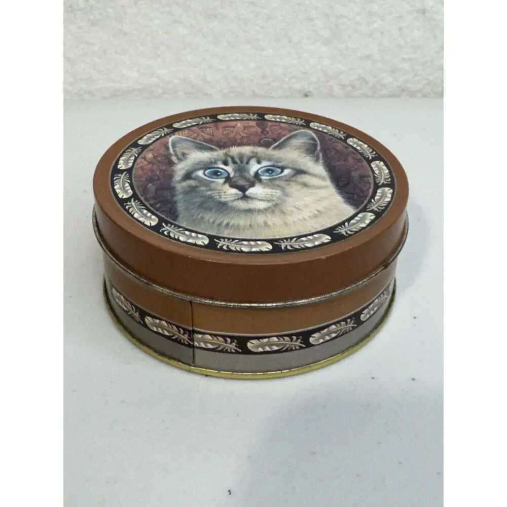 Round Tin 6 Cork Back Tin Coasters Lesley Anne Ivory Mau Mau Cats Birds 90s VTG